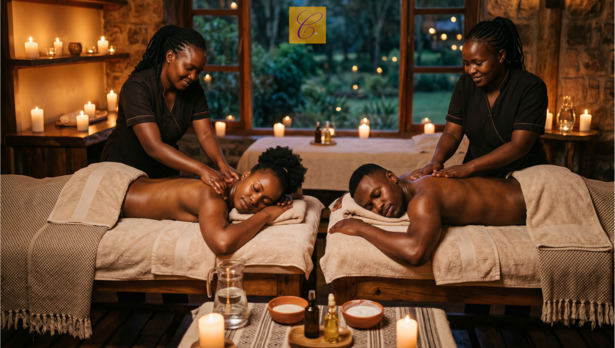Couple enjoying a side-by-side massage at Creative Essential Spa, Naivasha Kenya