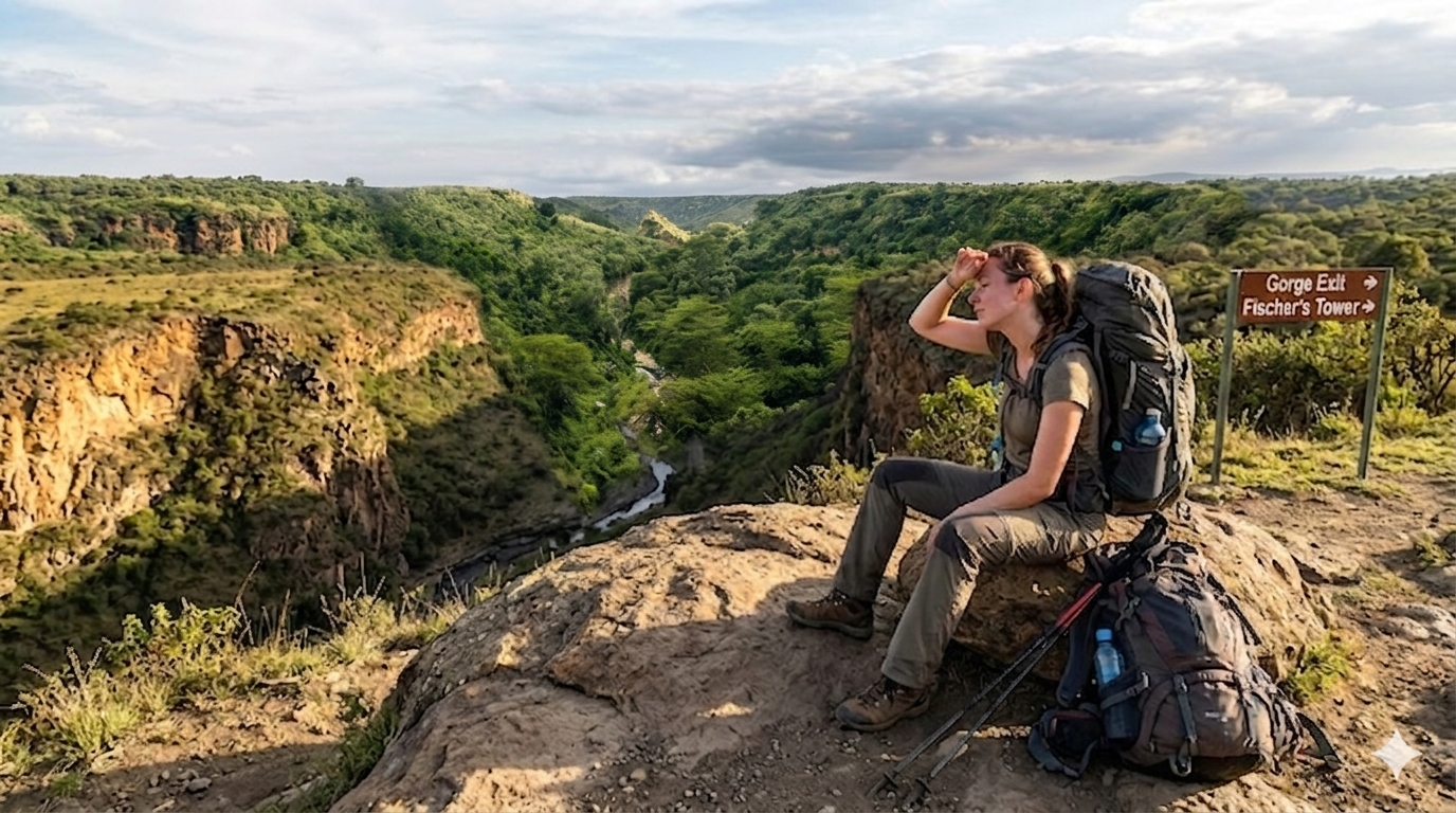 Tired hiker resting after Hell's Gate gorge hike, Naivasha Kenya