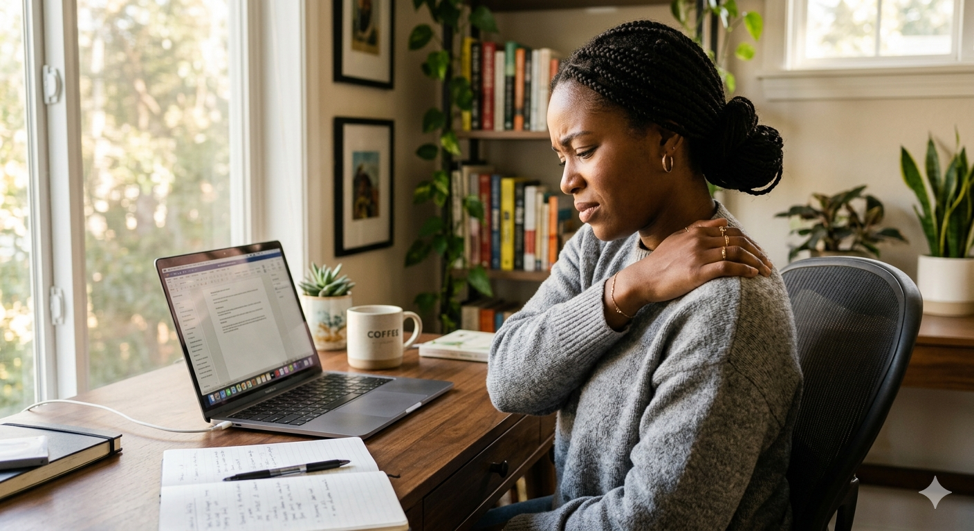 Person holding tight shoulder at desk, showing signs of needing a massage