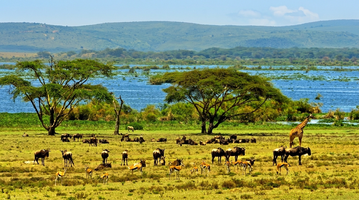 Zebra and giraffe on Crescent Island with Lake Naivasha in the background, Naivasha Kenya