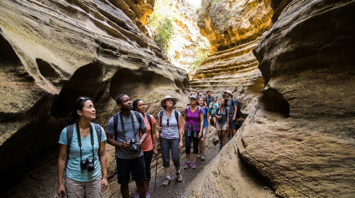 Narrow canyon walls of Hell's Gate gorge with hikers walking through, Naivasha Kenya