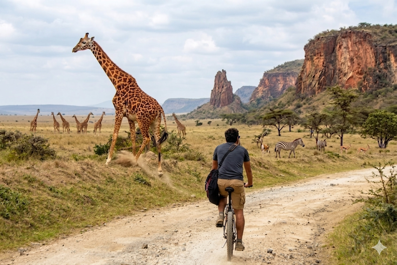 Cyclist on savanna road inside Hell's Gate National Park with giraffes in background, Naivasha Kenya