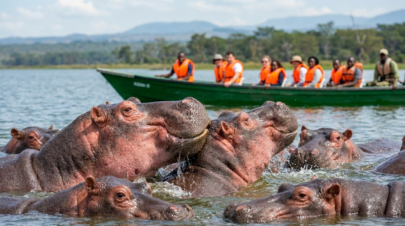 Small boat navigating papyrus channels on Lake Naivasha with hippos surfacing nearby at golden hour, Kenya