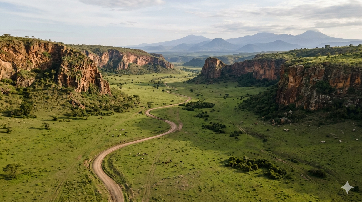 Aerial view of Lake Naivasha and Hell's Gate gorge at golden hour, Rift Valley Kenya
