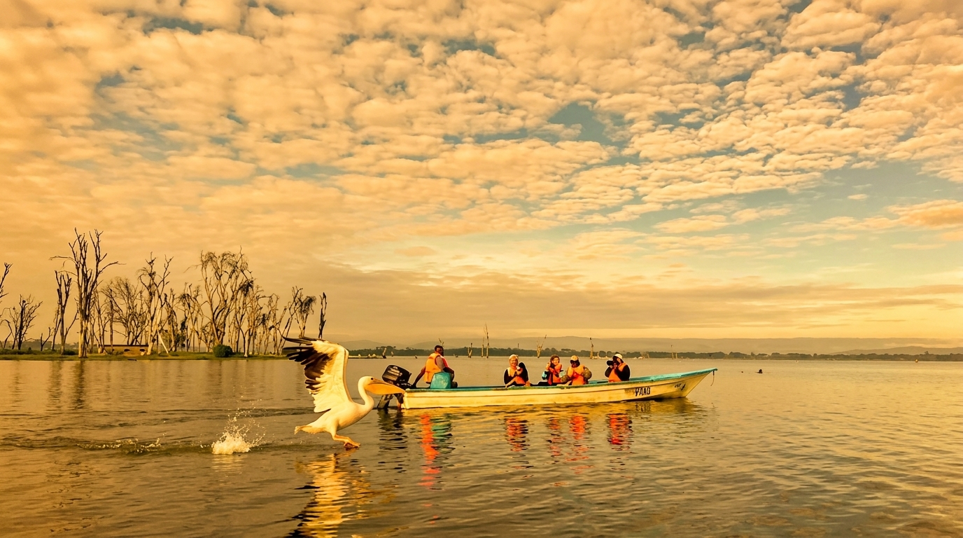 Pink flamingos on Lake Naivasha at sunrise with Rift Valley escarpment in background, Kenya