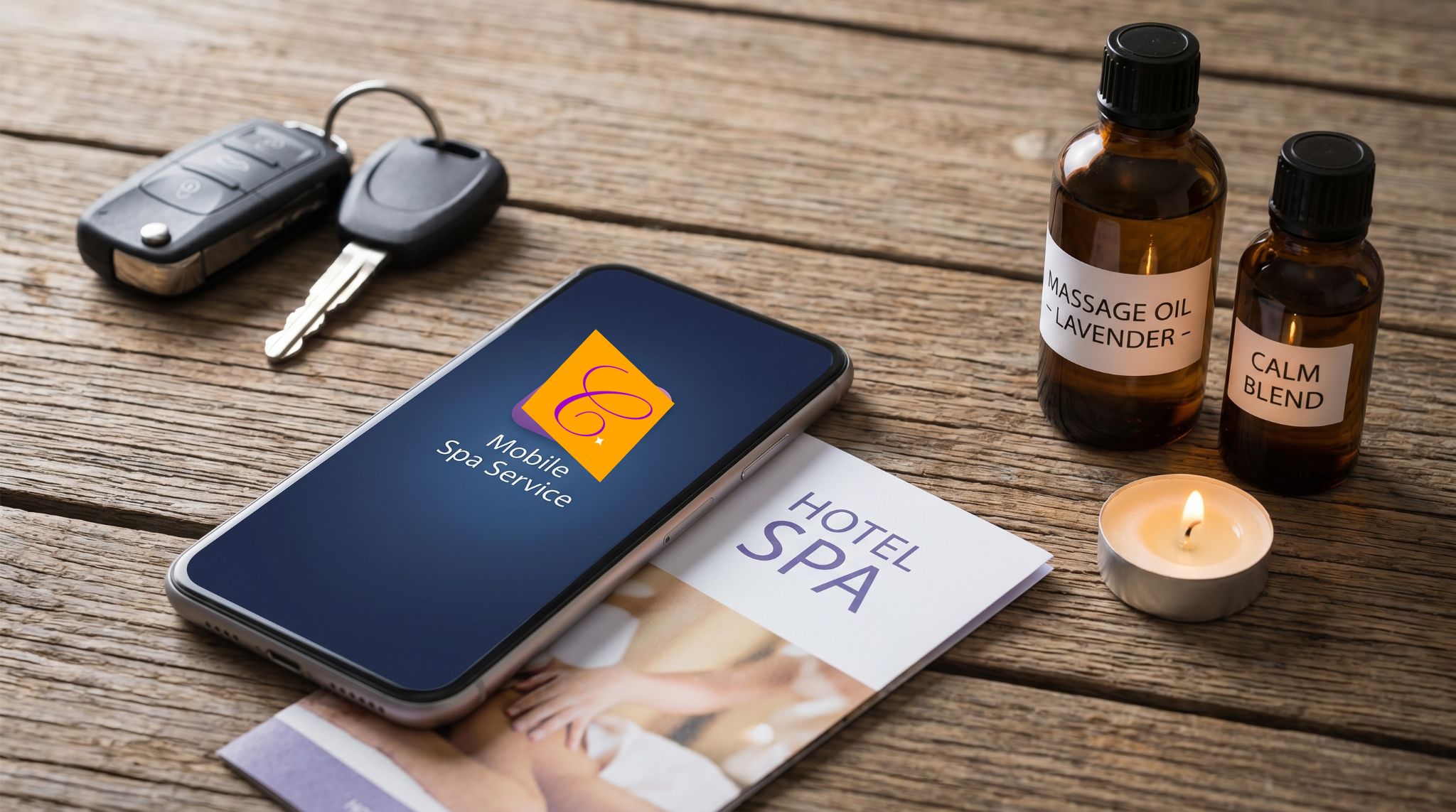mobile-massage-naivasha-car-keys-oils-table Car keys and a phone on a table beside massage oils — the choice between driving and staying put