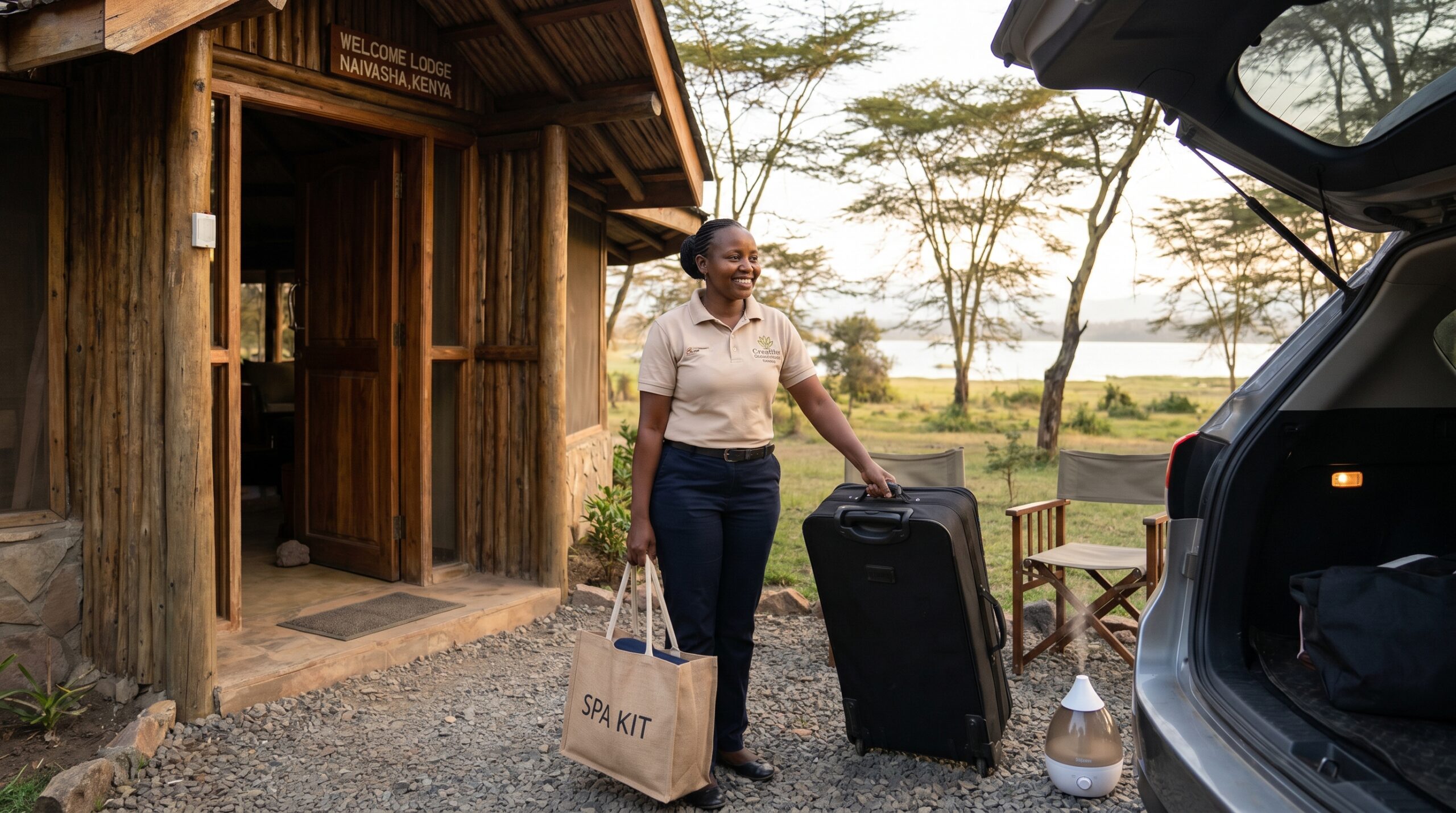 mobile-spa-naivasha-therapist-arrival-lodge Creative Essential Spa therapist arriving at a Naivasha lodge with equipment, professional and ready