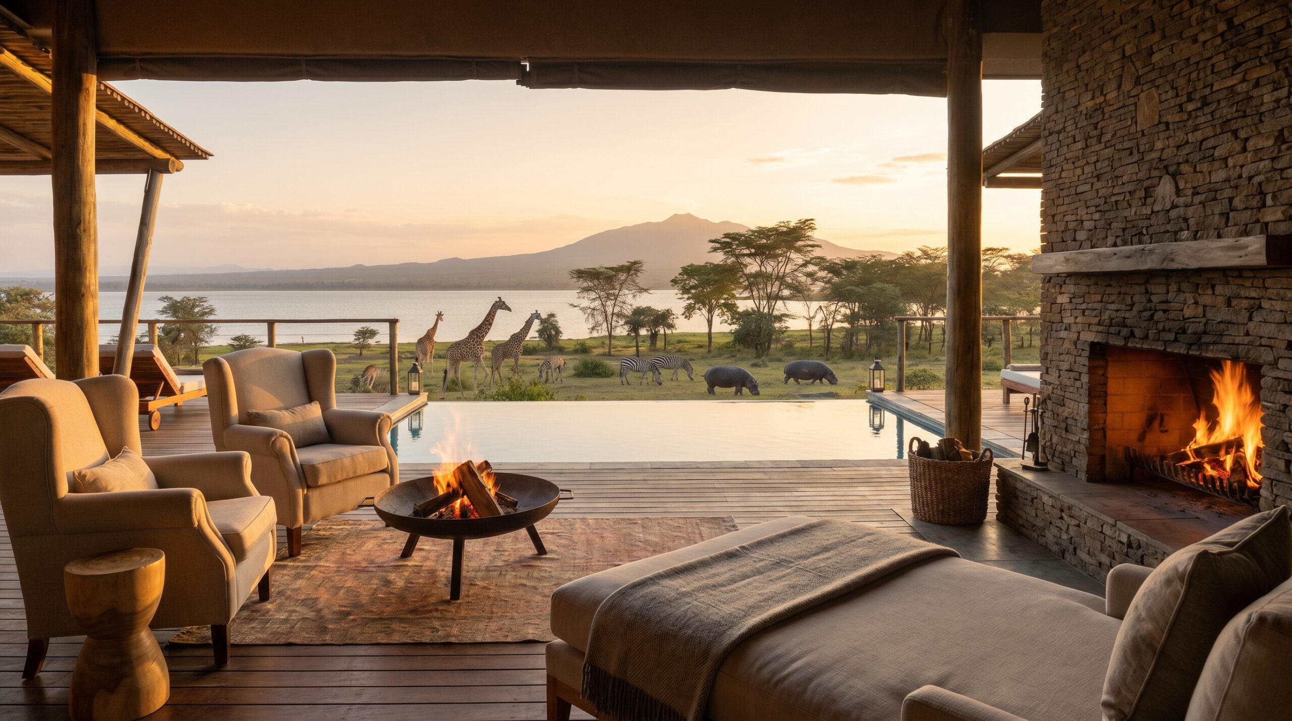 naivasha-lodge-veranda-lake-view-golden-hour Luxury lodge veranda overlooking Lake Naivasha at golden hour, Rift Valley Kenya — the setting you don't need to leave