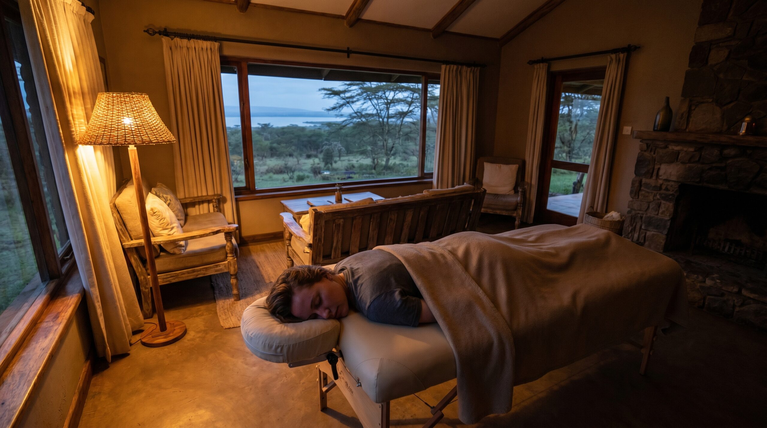 post-massage-relaxation-naivasha-lodge-evening Person in deep relaxation after a mobile massage session at a Naivasha lodge, warm lamp light, eyes closed, completely still