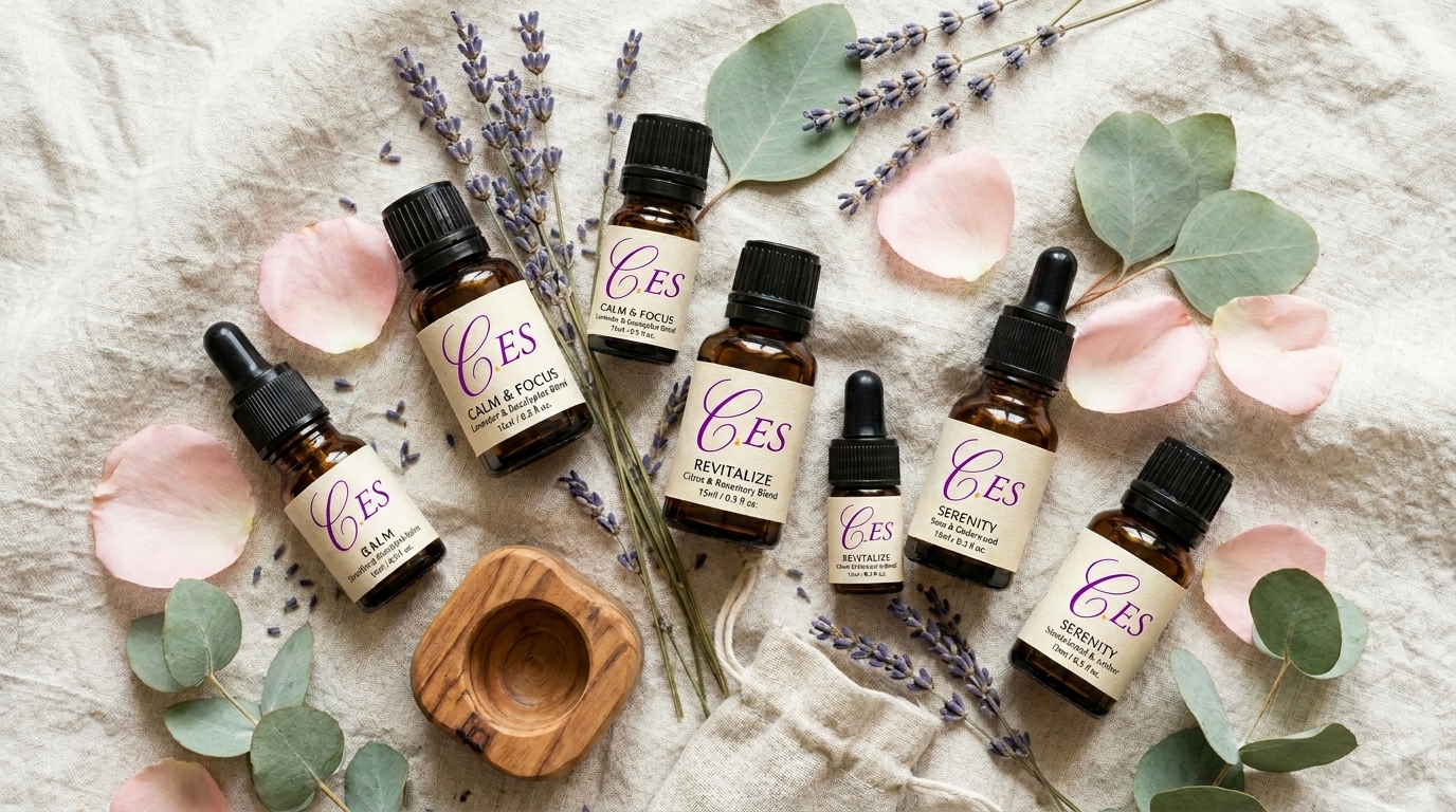 Collection of essential oil bottles, fresh lavender stems and eucalyptus leaves used in aromatherapy massage at Creative Essential Spa, Naivasha Kenya