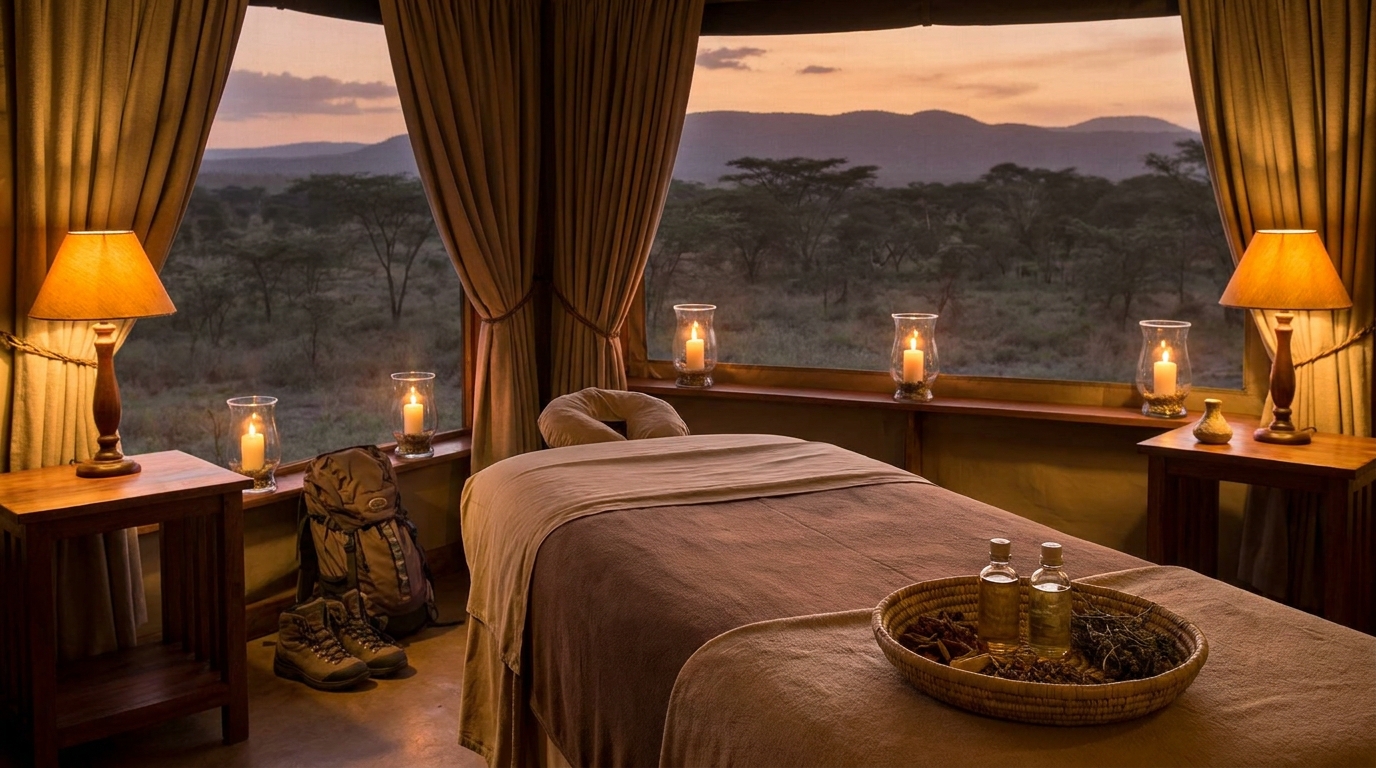 ces-treatment-room-evening-naivasha-post-hike Creative Essential Spa treatment room prepared for an evening post-hike massage session, warm lighting, Naivasha Kenya near Hell's Gate