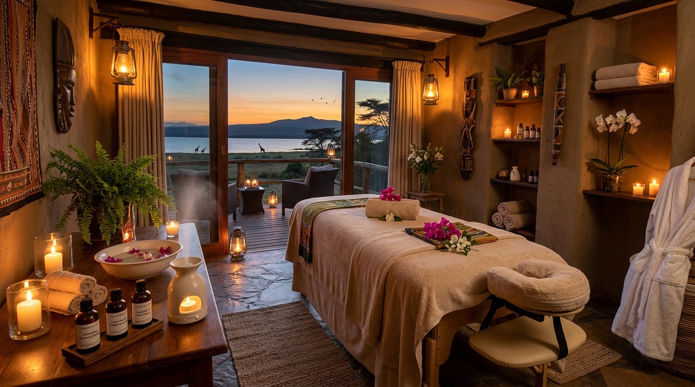 Creative Essential Spa aromatherapy treatment room set up for an evening session in Naivasha Kenya —the perfect recovery after a Kenya safari day