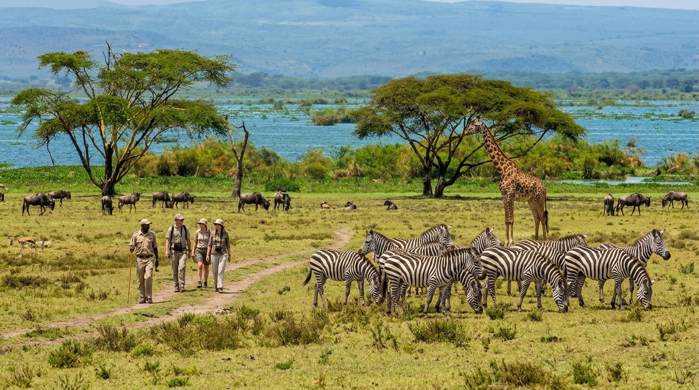 Giraffe and zebra on Crescent Island guided walking safari with Lake Naivasha in the background, Kenya