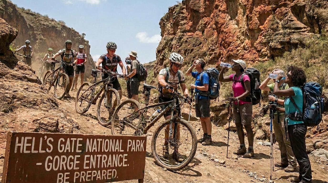 hells-gate-gorge-scrambling-cyclists-naivasha Cyclists and hikers at Hell's Gate National Park gorge entrance, Naivasha Kenya — showing the physical demands of the park visit