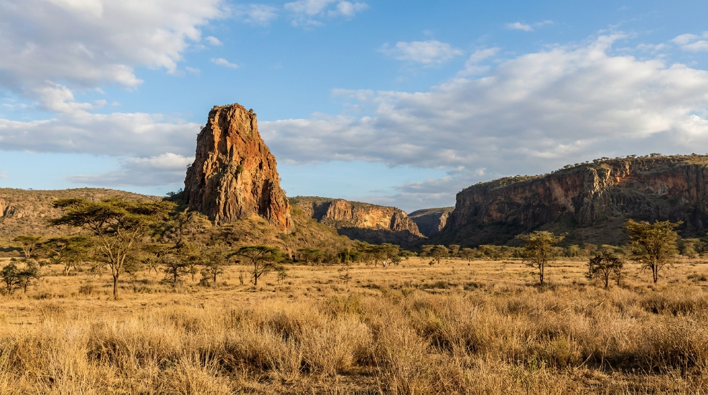 Hell's Gate gorge with Fischer's Tower rising from the savanna plain, Naivasha Kenya — Creative Essential Spa is the nearest spa to the park