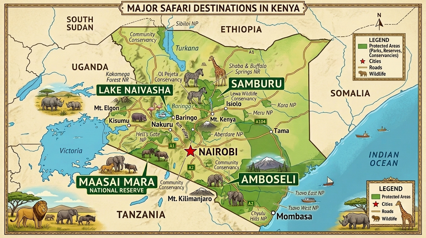 Map of Kenya showing major safari destinations including Naivasha, Maasai Mara, Amboseli and Samburu — planning a Kenya safari itinerary