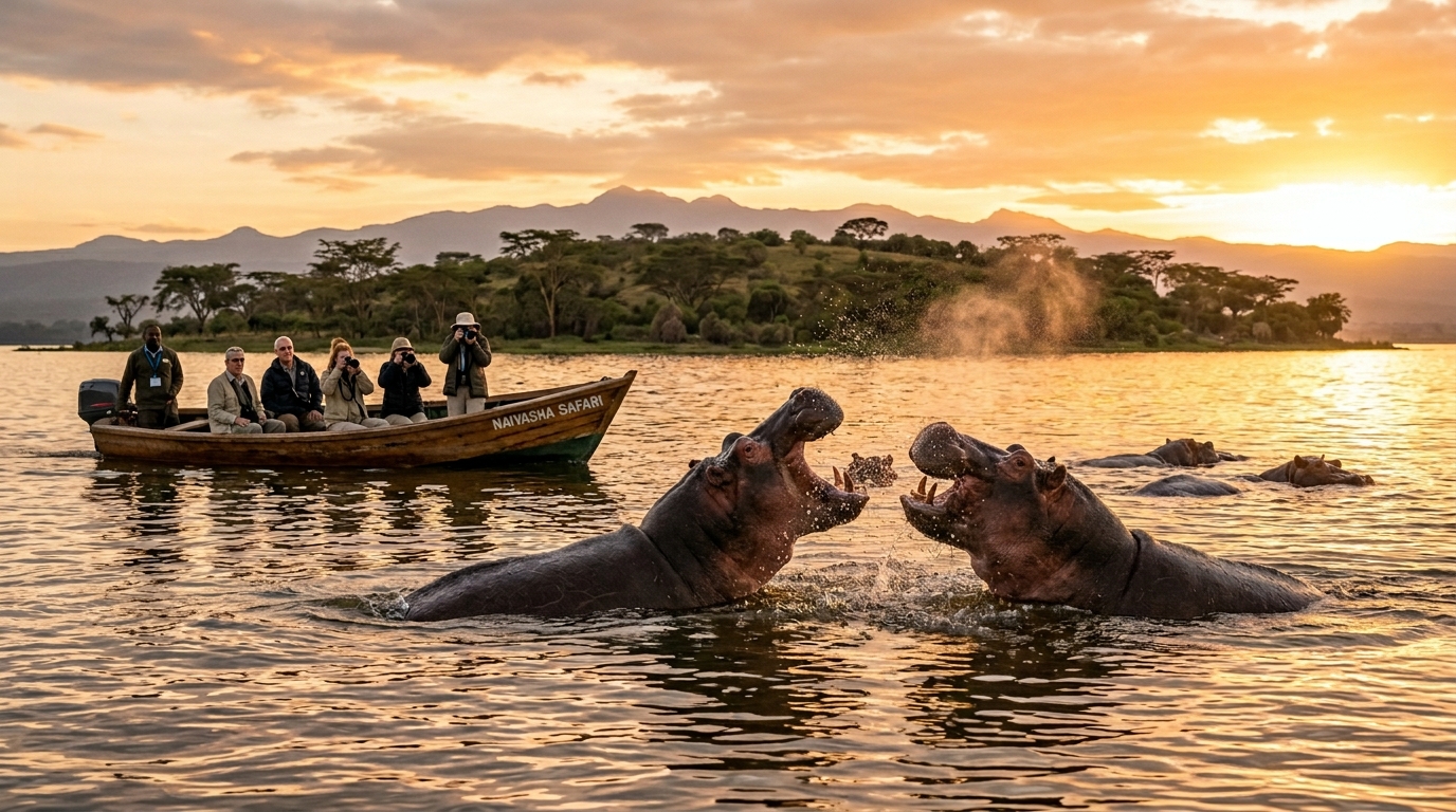 Hippos surfacing on Lake Naivasha during a boat safari at golden hour, Kenya — Crescent Island visible in the background