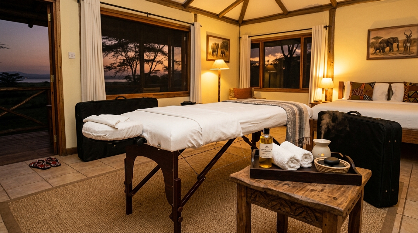 Creative Essential Spa mobile massage table set up in a Naivasha safari lodge room at dusk, professional equipment ready — Kenya safari recovery