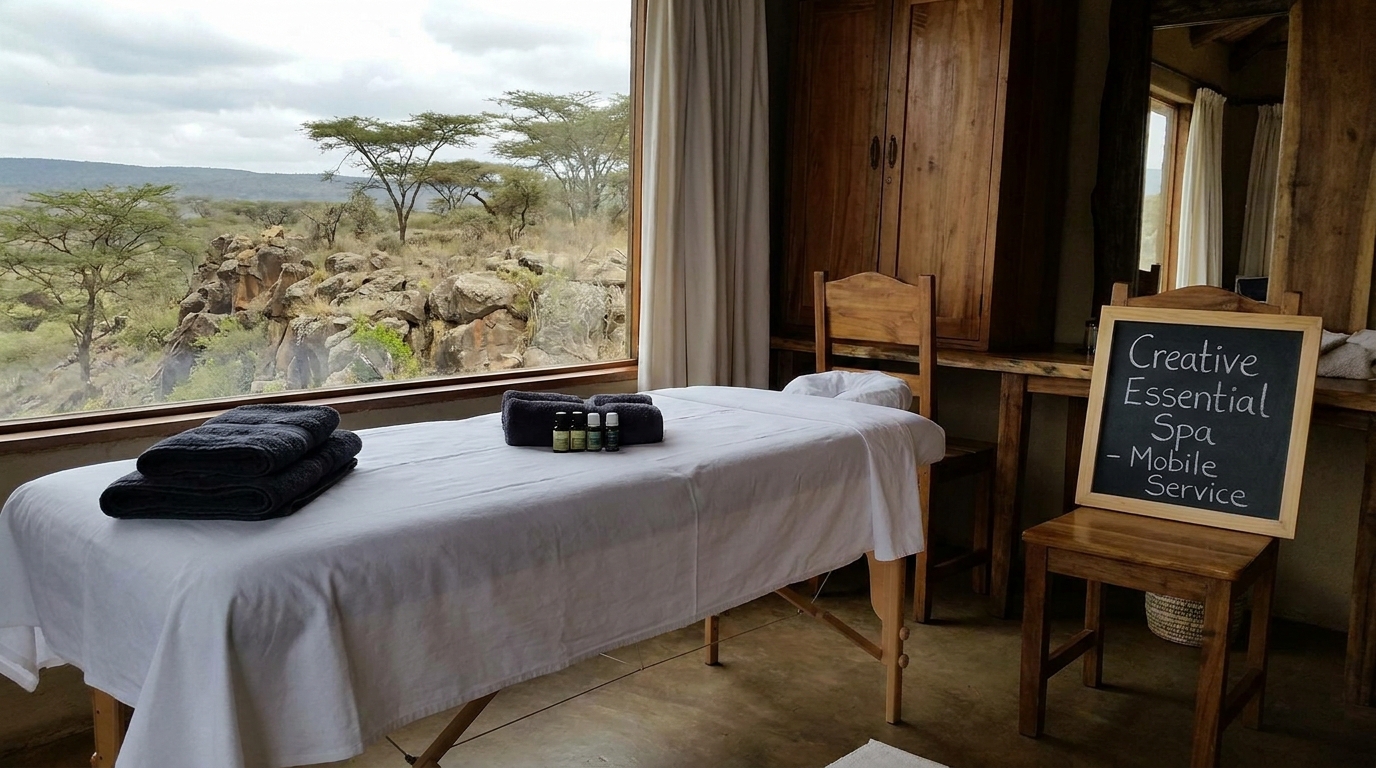 mobile-spa-lodge-near-hells-gate-naivasha-ces Creative Essential Spa mobile massage table set up in a lodge room near Hell's Gate National Park,Naivasha Kenya — professional equipment ready