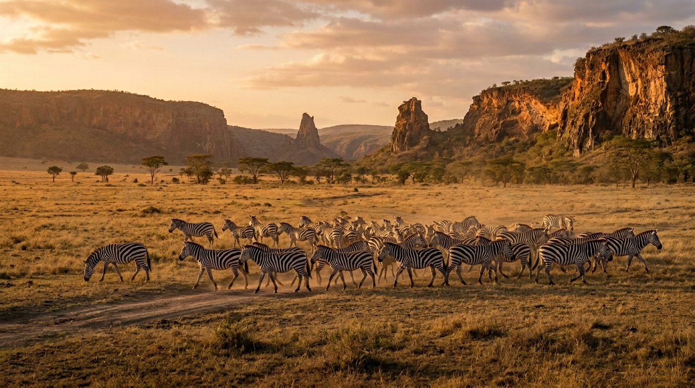 Zebra herd on the open savanna plain inside Hell's Gate National Park at golden hour, Naivasha Kenya — Kenya safari and spa destination