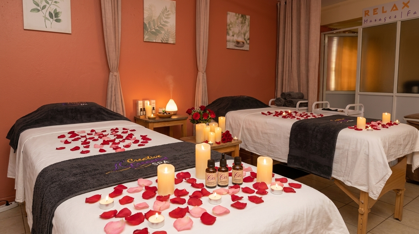 Two massage tables prepared for a Valentine's couples spa session with candles and rose petals at Creative Essential Spa, Naivasha