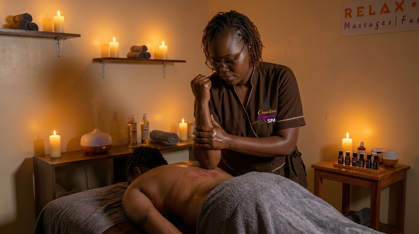 Deep tissue massage targeted pressure technique in progress at Creative Essential Spa, Naivasha
