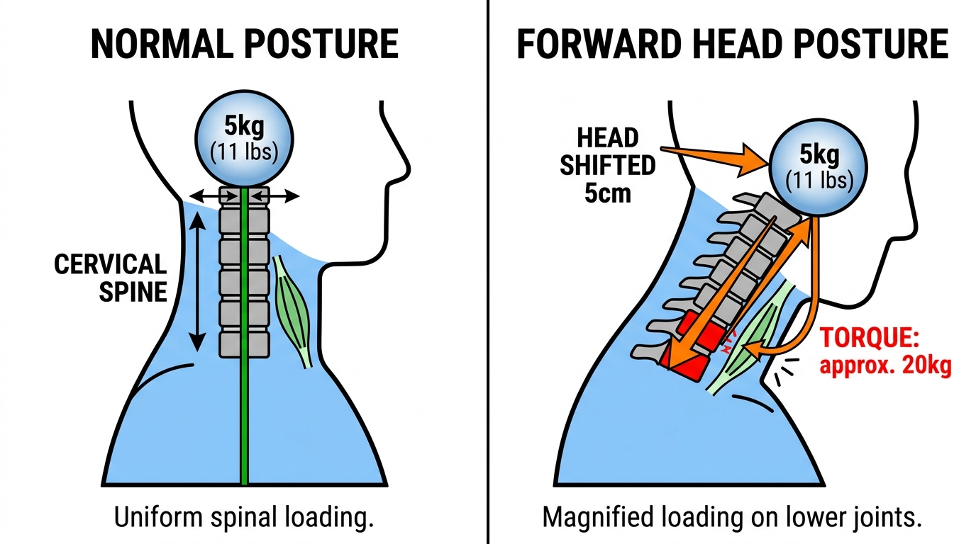 desk-posture-cervical-spine-tension-diagram Diagram showing forward head posture loading the cervical spine and trapezius muscles in a desk worker