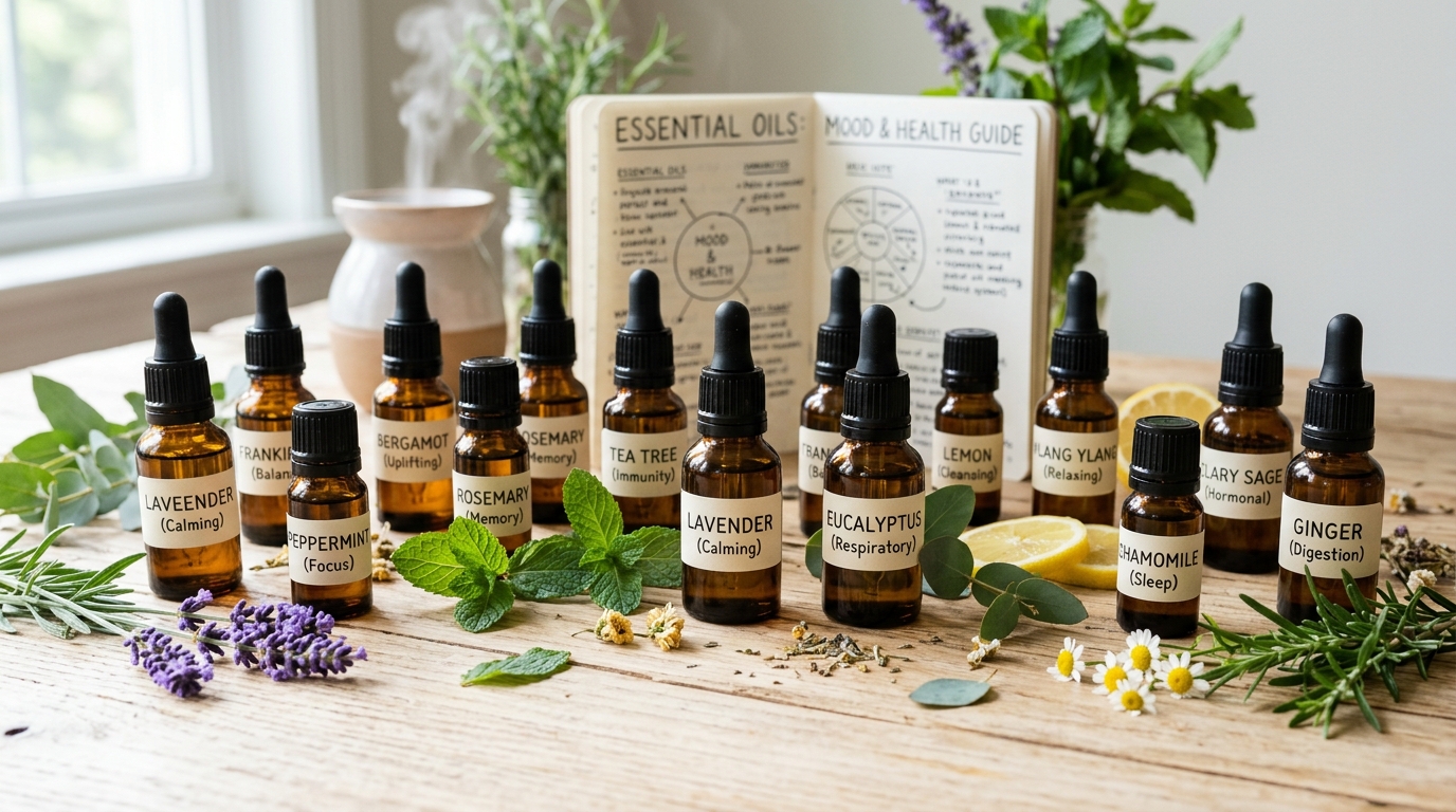 Collection of essential oil bottles with fresh botanicals arranged for a mood and health reference guide