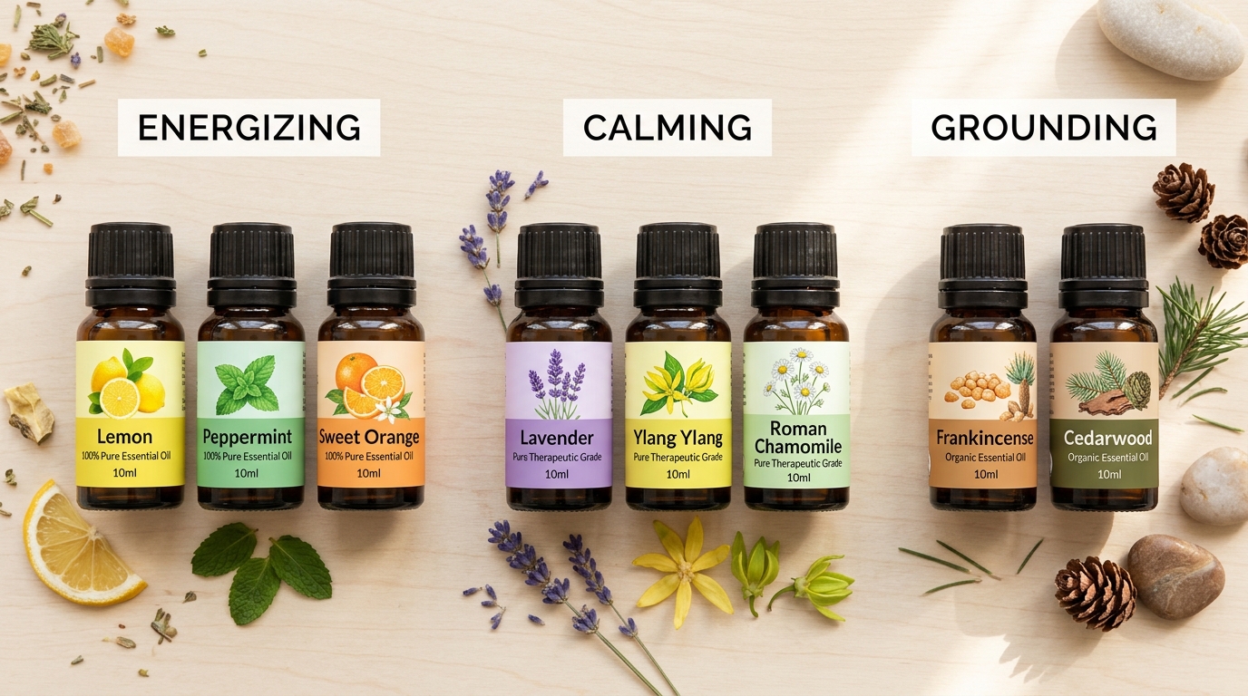 Eight essential oil bottles with labelled botanicals, organised by energizing, calming, and grounding categories