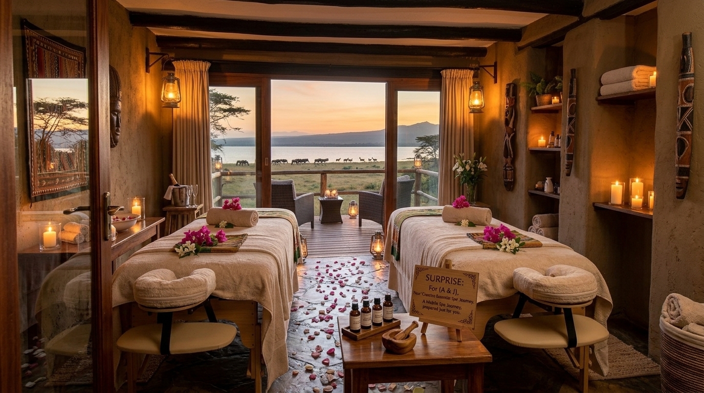 Creative Essential Spa mobile treatment room set up as a surprise in a Naivasha lodge — candles, oils, tables ready before the recipient arrives
