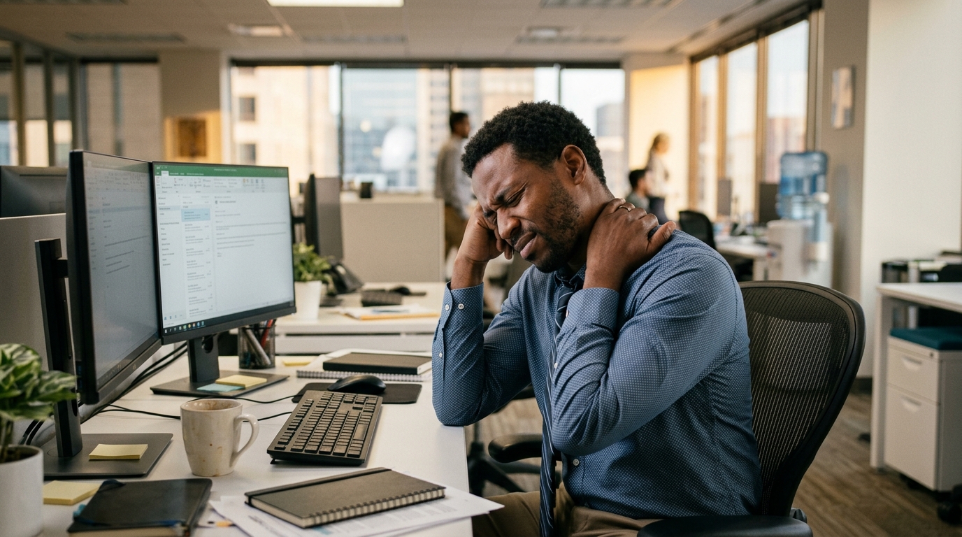 Office worker holding tight neck and shoulder at desk showing chronic tension pain from sustained posture