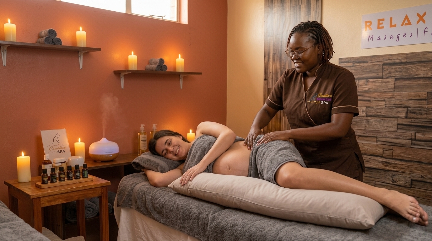 prenatal-massage-side-lying-positioning-pillows Side-lying prenatal massage positioning with supportive pillows at Creative Essential Spa, Naivasha