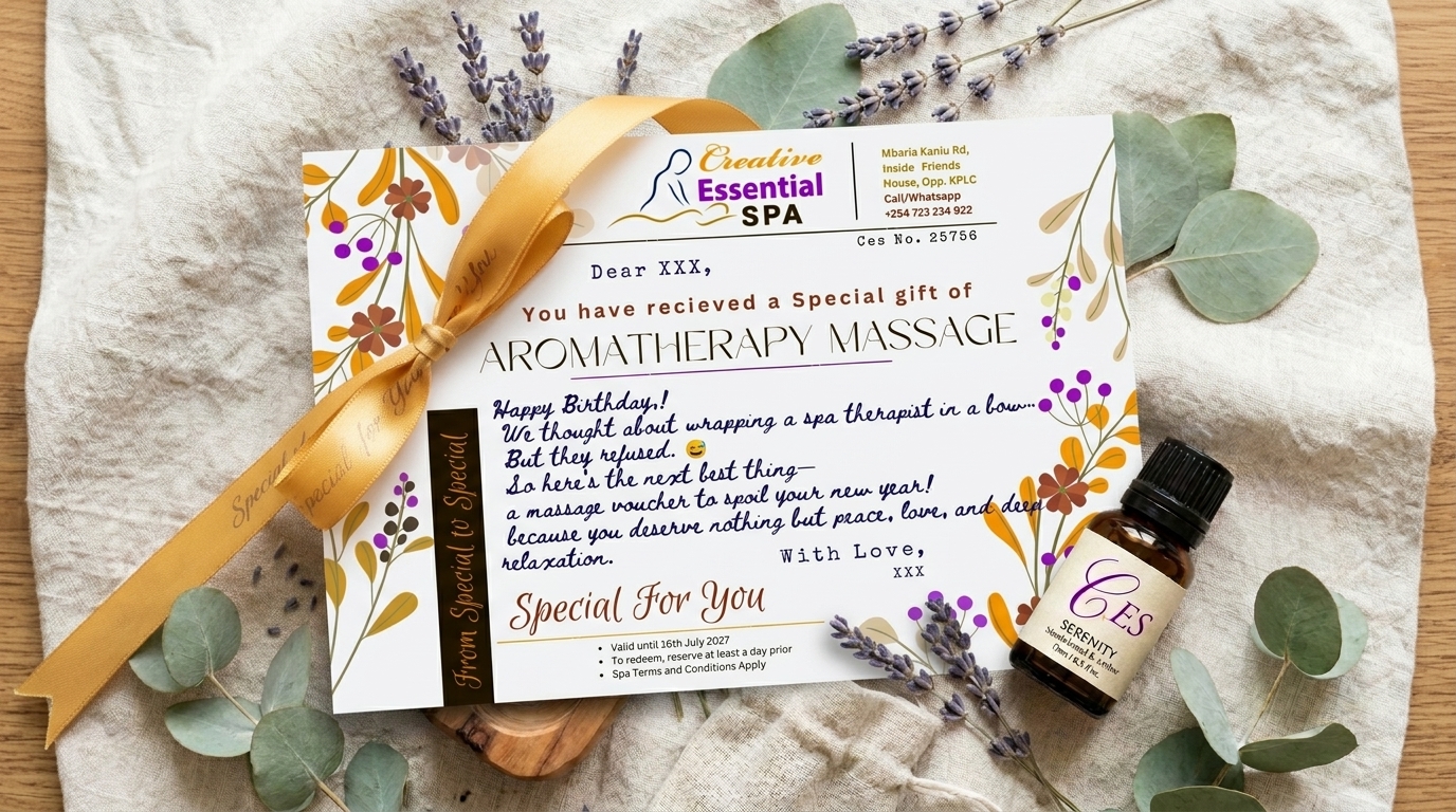 Creative Essential Spa gift voucher card with essential oils, fresh flowers and ribbon — spa gift ideas for birthdays and anniversaries, Naivasha Kenya
